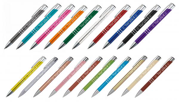 20 Kugelschreiber mit Gravur "Viel Glück" / aus Metall / 20 verschiedene Farben