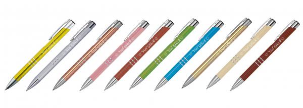 20 Kugelschreiber mit Gravur "Viel Glück" / aus Metall / 20 verschiedene Farben