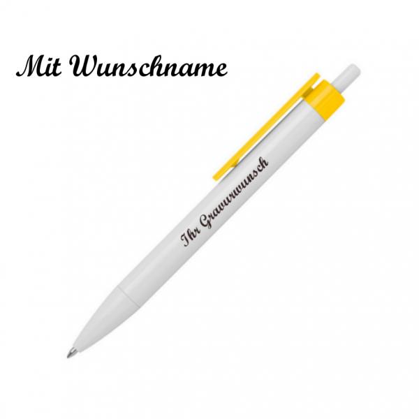 20x Druckkugelschreiber mit Namensgravur - Farbe: weiß-gelb