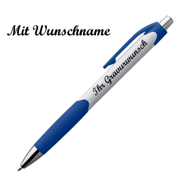 20x Kugelschreiber mit Namensgravur - gummierte Griffzone - Farbe: weiß-blau