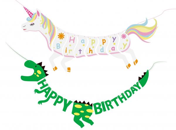 2x Girlande "Happy Birthday" / je 2,5m / je 1x Einhorn und Dino