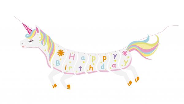 2x Girlande "Happy Birthday" / je 2,5m / je 1x Einhorn und Dino