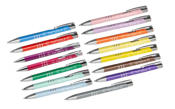 35 Kugelschreiber mit Gravur "Viel Glück" / aus Metall / 35 verschiedene Farben