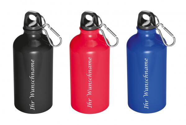 3x Alu Trinkflasche mit Gravur / 500ml / Farbe: je 1x blau, rot und schwarz
