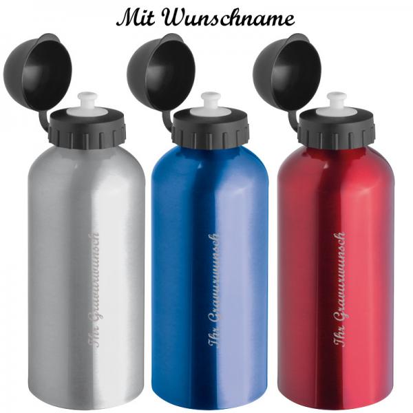 3x AluTrinkflasche mit Namensgravur - Sportverschluss - je 1x grau,rot,blau