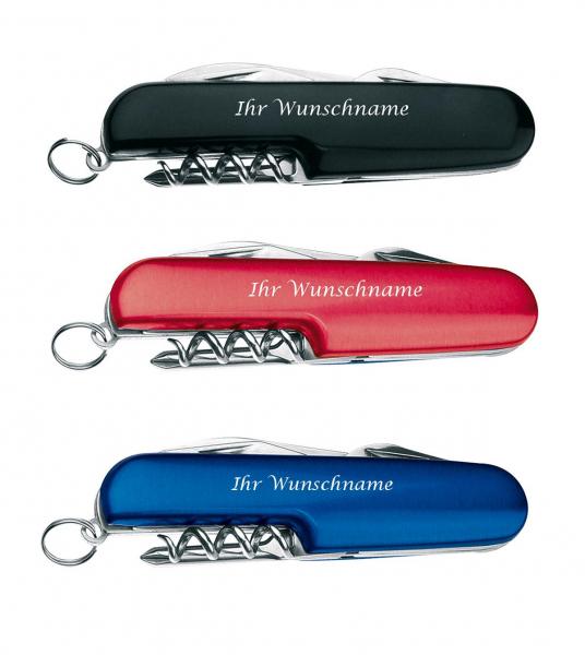 3x Edles 7-teiliges Taschenmesser mit Gravur / Farbe: je 1x schwarz, blau, rot