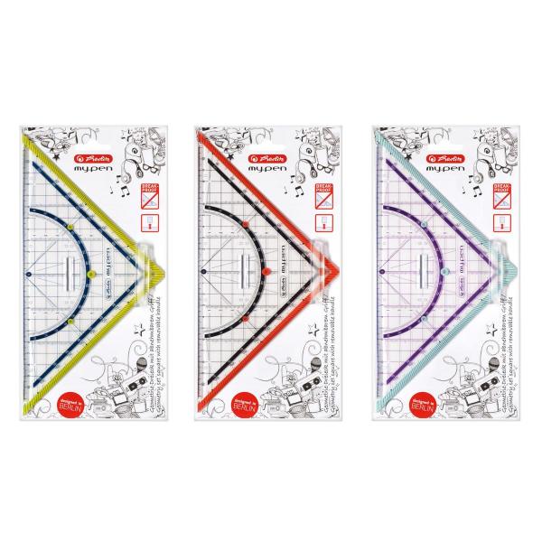 3x Herlitz Geometriedreieck "my.pen" / 25cm / mit Griff / 3 verschiedene Farben