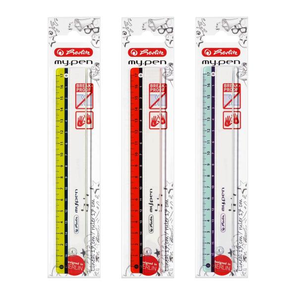 3x Herlitz Lineal "my.pen" / 17cm / Farbe: je 1x rot, türkis, grün