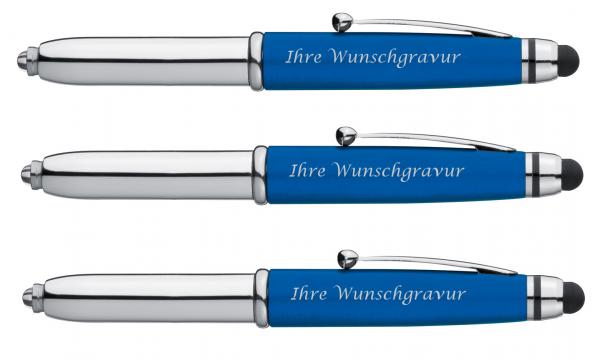 3x LED Touchpen Kugelschreiber mit Gravur / Farbe: silber-blau