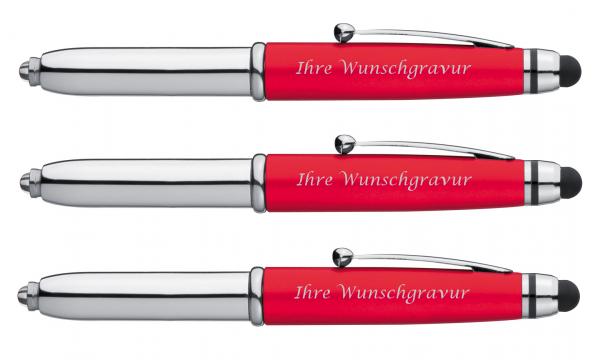3x LED Touchpen Kugelschreiber mit Gravur / Farbe: silber-rot