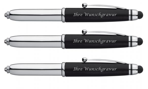 3x LED Touchpen Kugelschreiber mit Gravur / Farbe: silber-schwarz