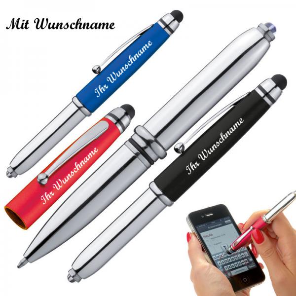 3x LED Touchpen Kugelschreiber mit Namensgravur - je 1x silber-schwarz,rot,blau