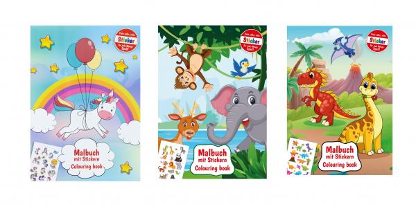3x Sticker-Malbuch / DIN A4 / 3 verschiedene Motive