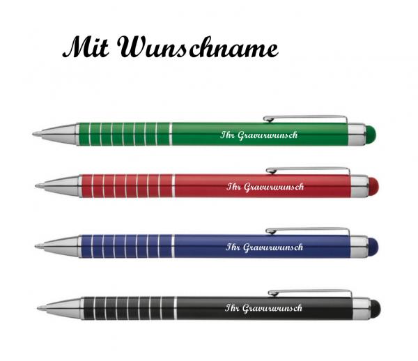 4 Touchpen Metall-Kugelschreiber mit Namensgravur - je 1x grün,blau,schwarz,rot