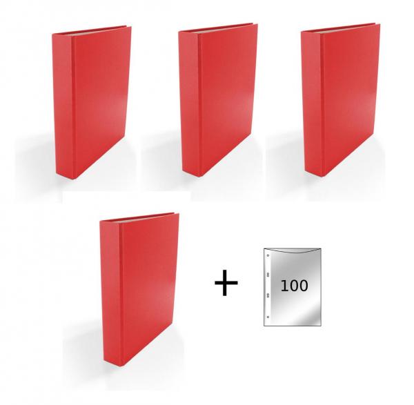 4x Ringbuch / DIN A5 / 2-Ring Ordner / Farbe: rot + 100 Prospekthüllen