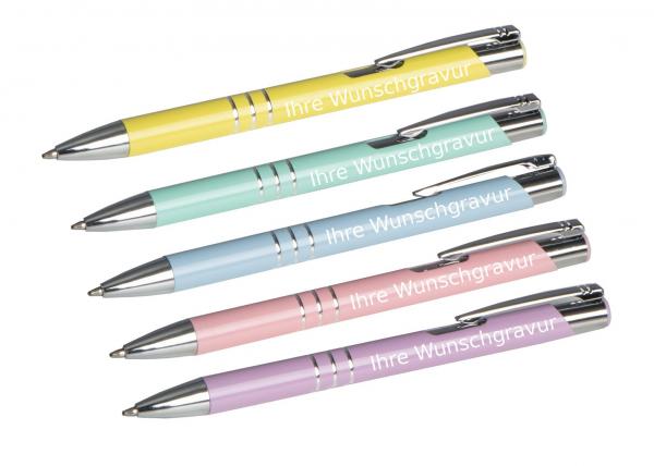 5 Kugelschreiber "Pastell" aus Metall mit Gravur / lila,blau,mint,rosa,gelb