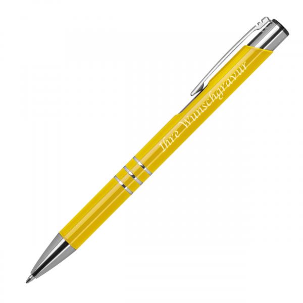 5 Kugelschreiber aus Metall mit Gravur / Farbe: je 1x pink,oange,grün,gelb,grau
