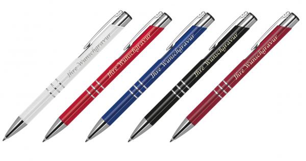 5 Kugelschreiber aus Metall mit Gravur / je 1x burgund,schwarz,blau,rot,weiß