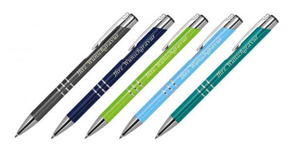 5 Kugelschreiber mit Gravur / je 1xanthrazit,dunkelblau,hellgrün,hellblau,türkis