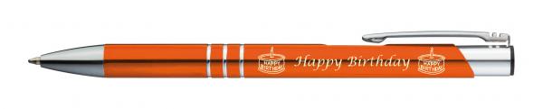 5 Kugelschreiber mit Gravur "Happy Birthday" / aus Metall / Farbe: orange