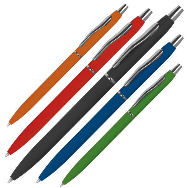 5 Schlanke Metall-Kugelschreiber / gummiert / 5 Farben