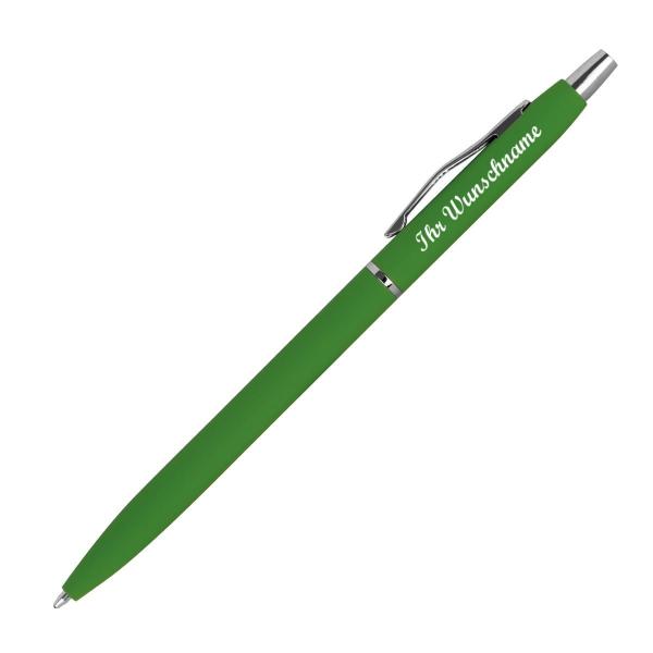 5 Schlanke Metall-Kugelschreiber mit Namensgravur - gummiert - 5 Farben