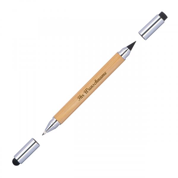 5x 2in1 Touchpen Kugelschreiber und endlos Mine aus Bambus mit Namensgravur