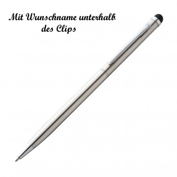 5x Edelstahl Touchpen Kugelschreiber mit Namensgravur - Farbe: grau/silbergrau
