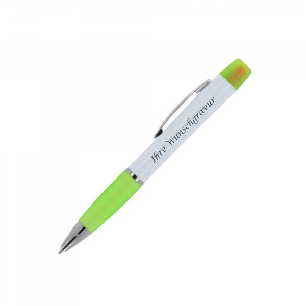 5x Kugelschreiber mit Gravur / mit dreifarbigen Textmarker / weiß-hellgrün