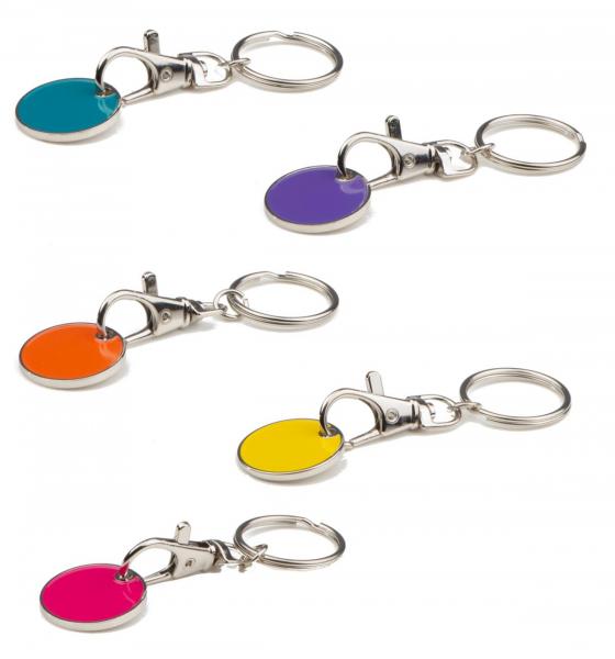 5x Metall Schlüsselanhänger mit Einkaufschip / je1x orange,gelb,pink,türkis,lila