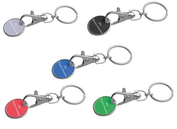 5x Metall Schlüsselanhänger mit Gravur /mit Einkaufschip / 5 verschiedene Farben
