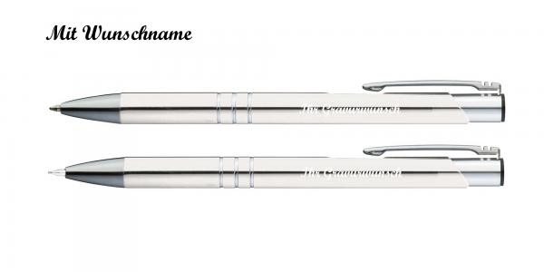 5x Metall Schreibset mit Namensgravur - Kugelschreiber + Druckbleistift / weiß