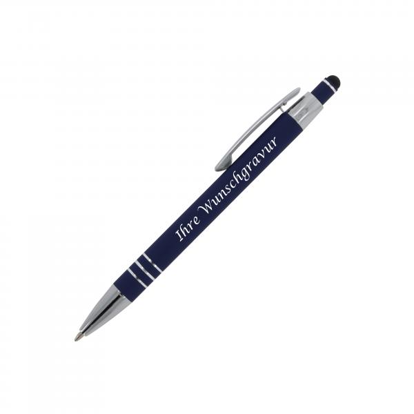 5x Touchpen Kugelschreiber mit Gravur / aus Metall / mit Soft-Touch / dunkelblau