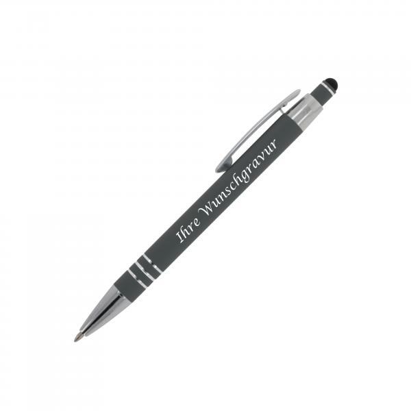 5x Touchpen Kugelschreiber mit Gravur / aus Metall / mit Soft-Touch / grau