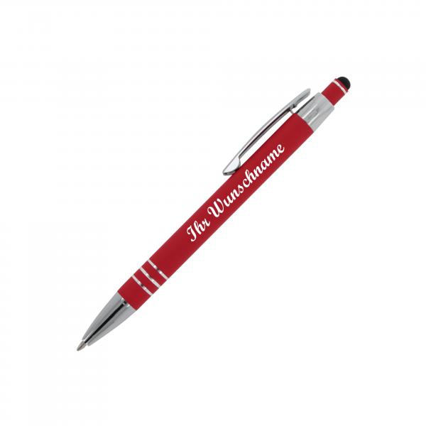 5x Touchpen Kugelschreiber mit Namensgravur - aus Metall - mit Soft-Touch - rot