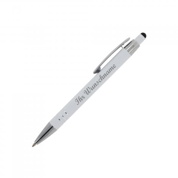 5x Touchpen Kugelschreiber mit Namensgravur - aus Metall - mit Soft-Touch - weiß