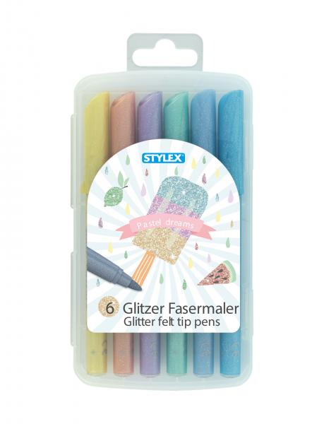 6 Glitzerfasermalstifte "Pastell" / Fasermaler / Filzstifte