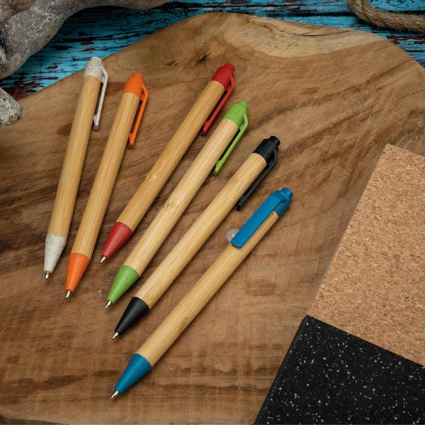 6 Kugelschreiber aus Weizenstroh und Bambus mit Namensgravur - 6 Farben