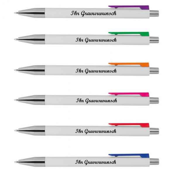 6 Kugelschreiber mit Namensgravur - mit 6 verschiedenen Clipfarben