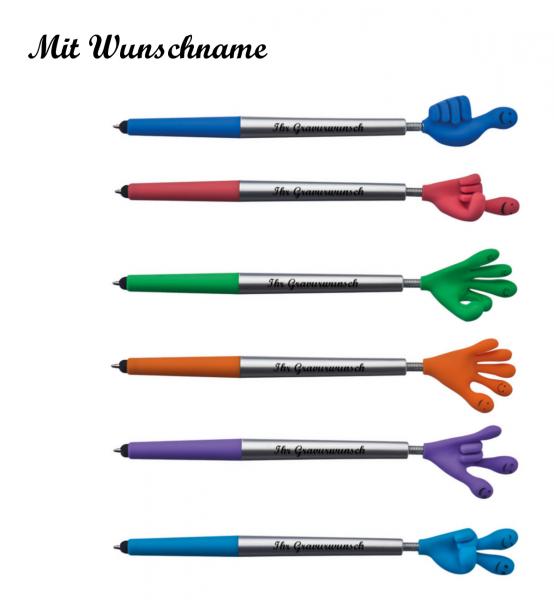 6 Touchpen Kugelschreiber mit Namensgravur - "Smile Hand"- 6 verschiedene Farben