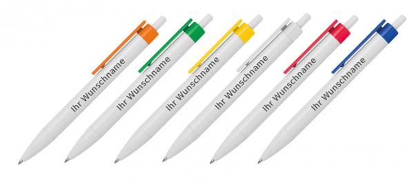 6x Druckkugelschreiber mit Gravur / 6 verschiedene Clipfarben