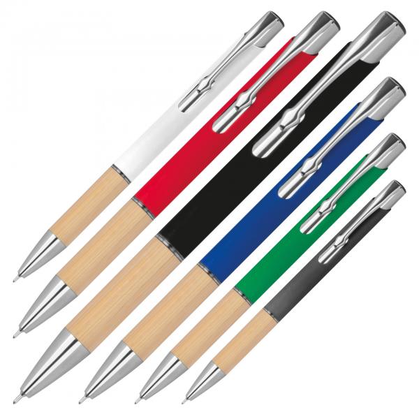 6x Gelschreiber aus Metall und Bambus-Holz / 6 Farben