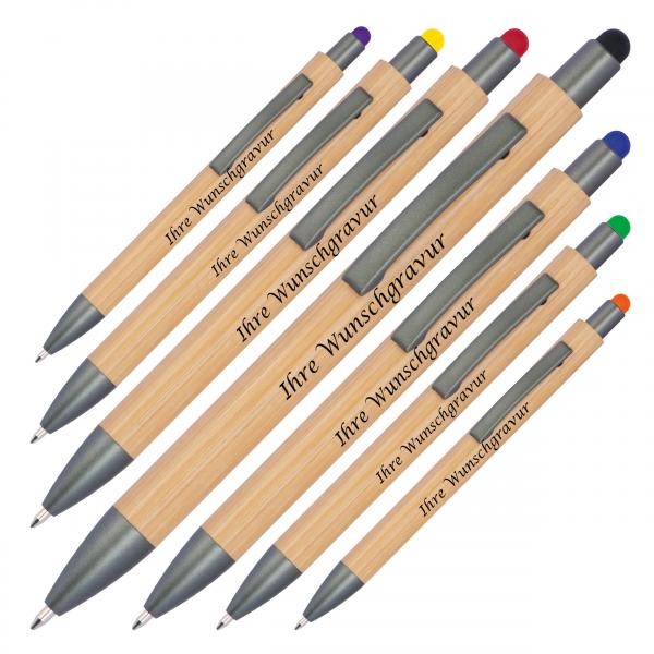 7 Touchpen Holzkugelschreiber aus Bambus mit Gravur / 7 Stylusfarben