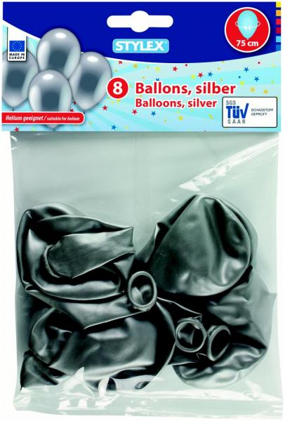 8 Luftballons / Umfang: 75 cm / Farbe: silber