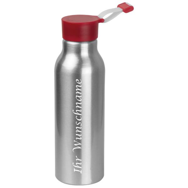 Alu Trinkflasche mit Gravur / Füllvermögen von 600 ml / mit roten Silikondeckel