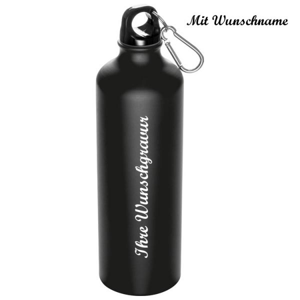 Alu Trinkflasche mit Namensgravur - mit Karabinerhaken - 800ml - Farbe schwarz