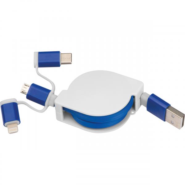 Ausziehbares Ladekabel mit iOS, C-Type und Micro USB Anschluss / Farbe: blau