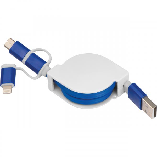 Ausziehbares Ladekabel mit iOS, C-Type und Micro USB Anschluss / Farbe: blau