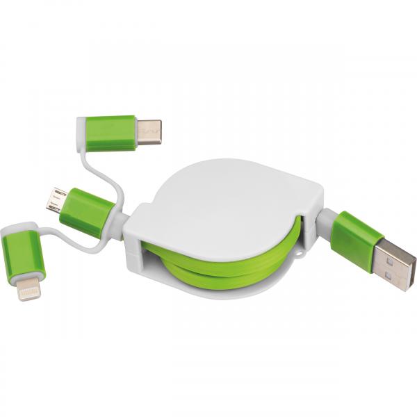 Ausziehbares Ladekabel mit iOS, C-Type und Micro USB Anschluss / Farbe: grün