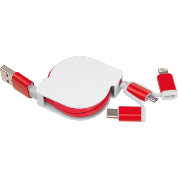 Ausziehbares Ladekabel mit iOS, C-Type und Micro USB Anschluss / Farbe: rot